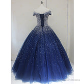 Blue Sparkle Off Shoulder Ball Party Dress , Handmade Beaded Party Dress